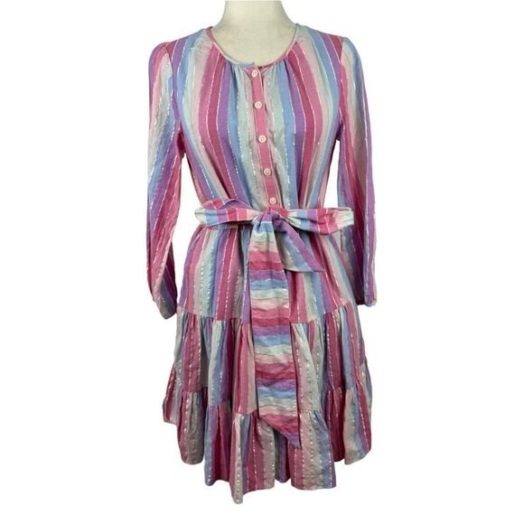 J. Crew Belted Button-up Dress in Pastel Stripe Rainbow Pink Purple SZ XS AP188 - Picture 2 of 16